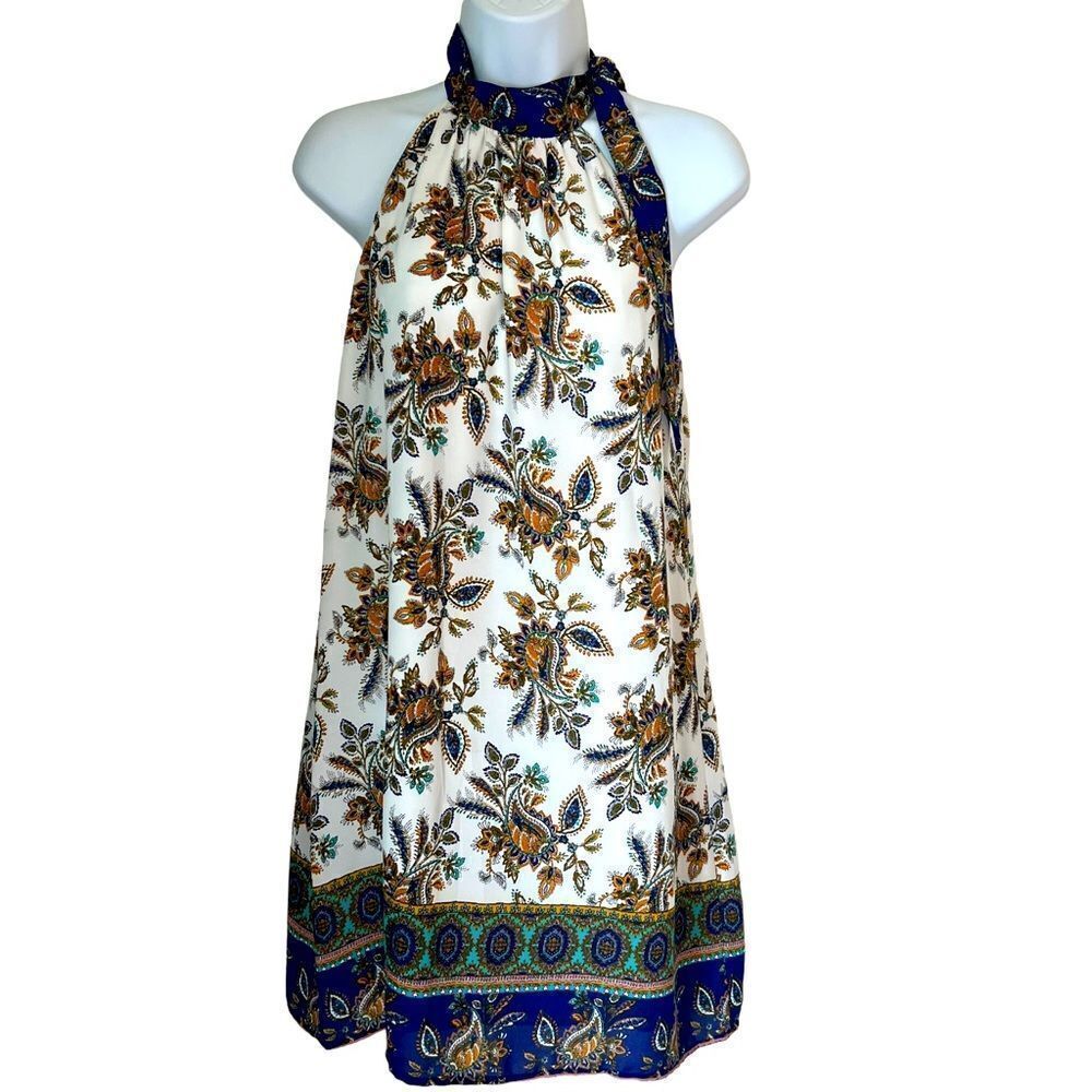 Veronica M White Floral Halter Dress with Blue and Gold Accents